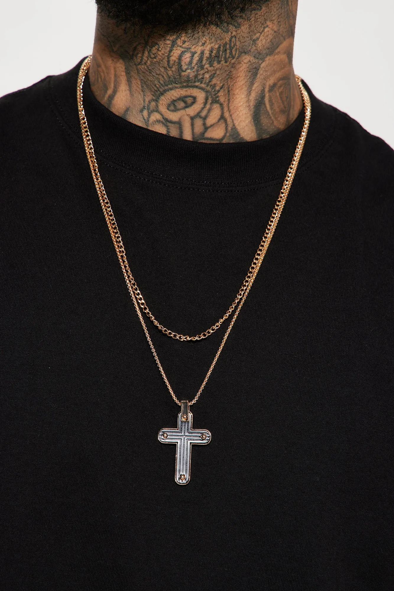 2 Piece Cross Pendant Chain Necklace - Gold