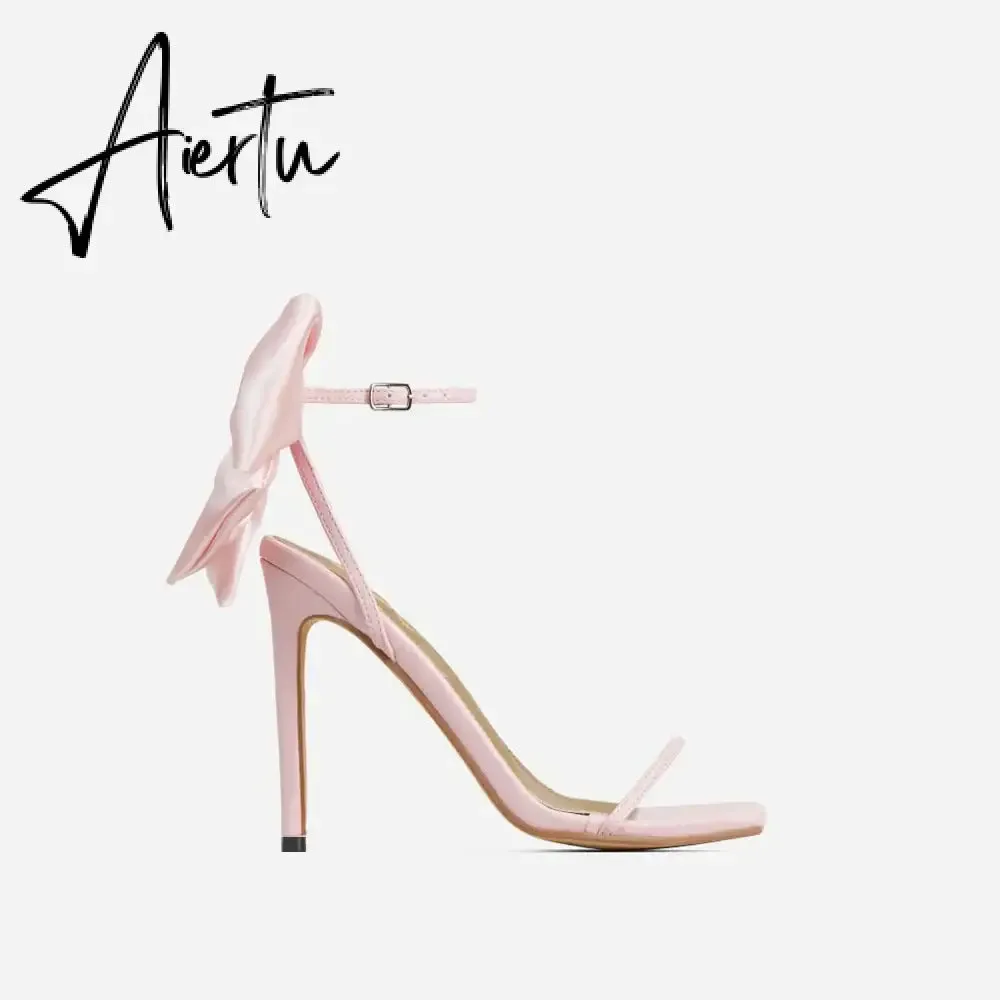 Aiertu  2024 Summer PU Butterfly-Knot Sandals Square Toe Thin Heels Party Shallow Concise Sweet Buckle Strap Adult Open  Pleated