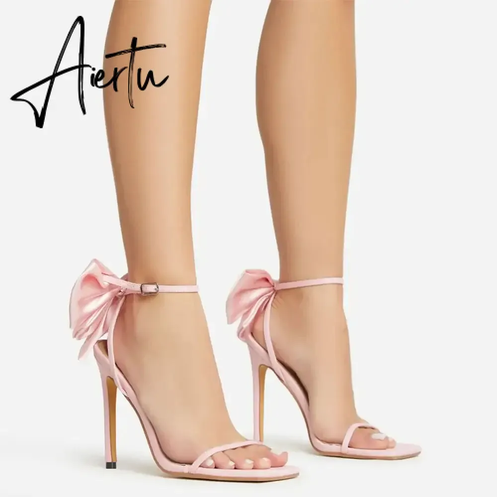 Aiertu  2024 Summer PU Butterfly-Knot Sandals Square Toe Thin Heels Party Shallow Concise Sweet Buckle Strap Adult Open  Pleated