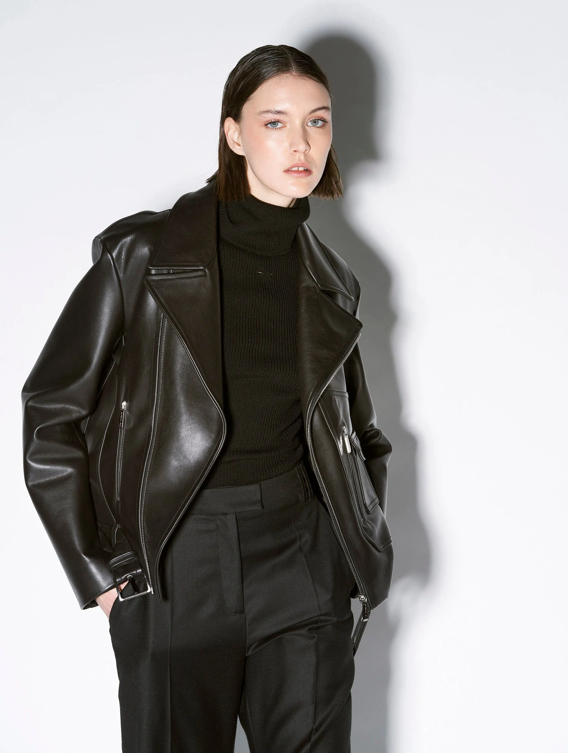 Blouson biker oversize en cuir noir