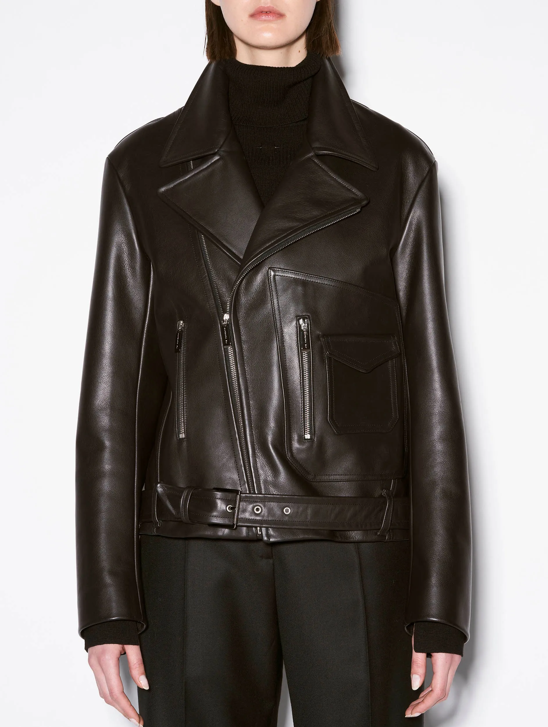 Blouson biker oversize en cuir noir