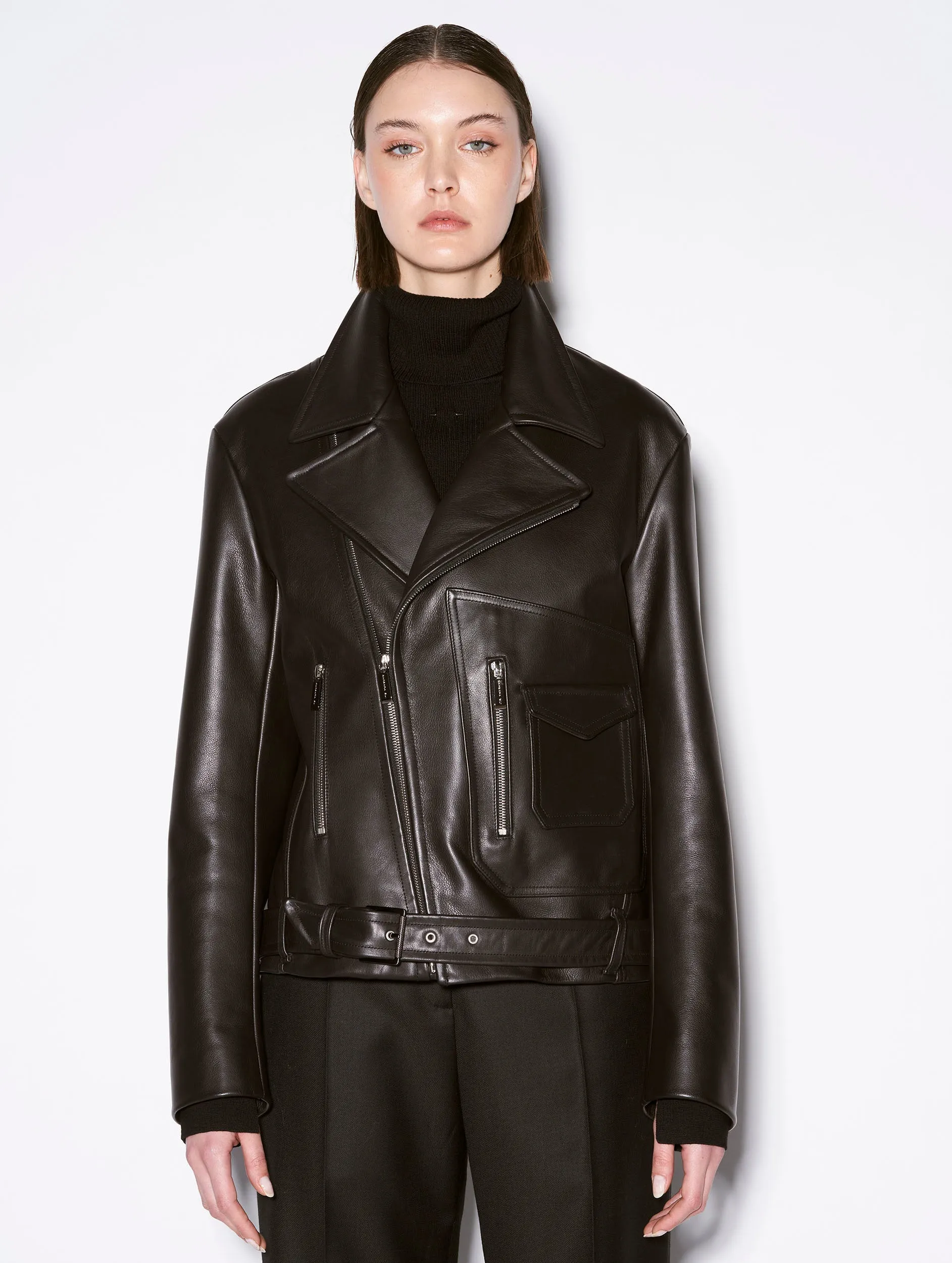 Blouson biker oversize en cuir noir