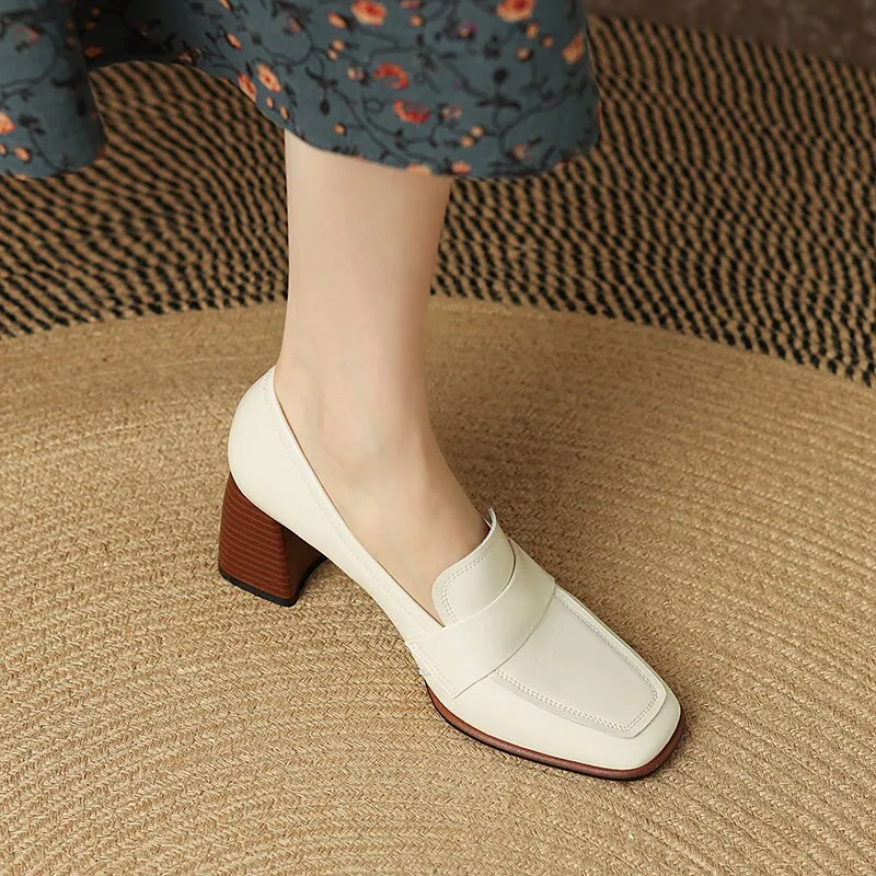 Purpdrank - Spring New GENUINE LEATHER Women Shoes LEISURE Women Slip-On Shallow Pumps Square Toe Heels Shoes Women Zapatos De Mujer