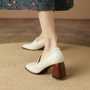 Purpdrank - Spring New GENUINE LEATHER Women Shoes LEISURE Women Slip-On Shallow Pumps Square Toe Heels Shoes Women Zapatos De Mujer