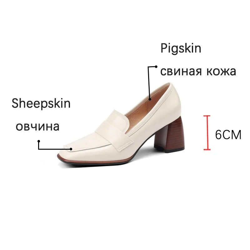 Purpdrank - Spring New GENUINE LEATHER Women Shoes LEISURE Women Slip-On Shallow Pumps Square Toe Heels Shoes Women Zapatos De Mujer