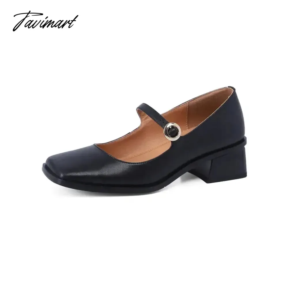 TAVIMART NEW Spring Women Shoes Square Toe Chunky Heel Women Pumps Solid Split Leather High Heels Retro Women Mary Janes zapatos de mujer