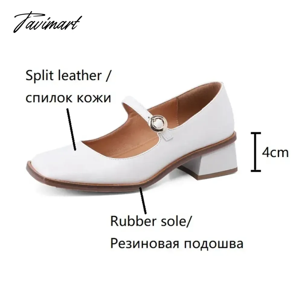 TAVIMART NEW Spring Women Shoes Square Toe Chunky Heel Women Pumps Solid Split Leather High Heels Retro Women Mary Janes zapatos de mujer