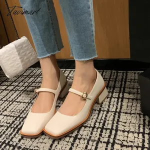 TAVIMART NEW Spring Women Shoes Square Toe Chunky Heel Women Pumps Solid Split Leather High Heels Retro Women Mary Janes zapatos de mujer