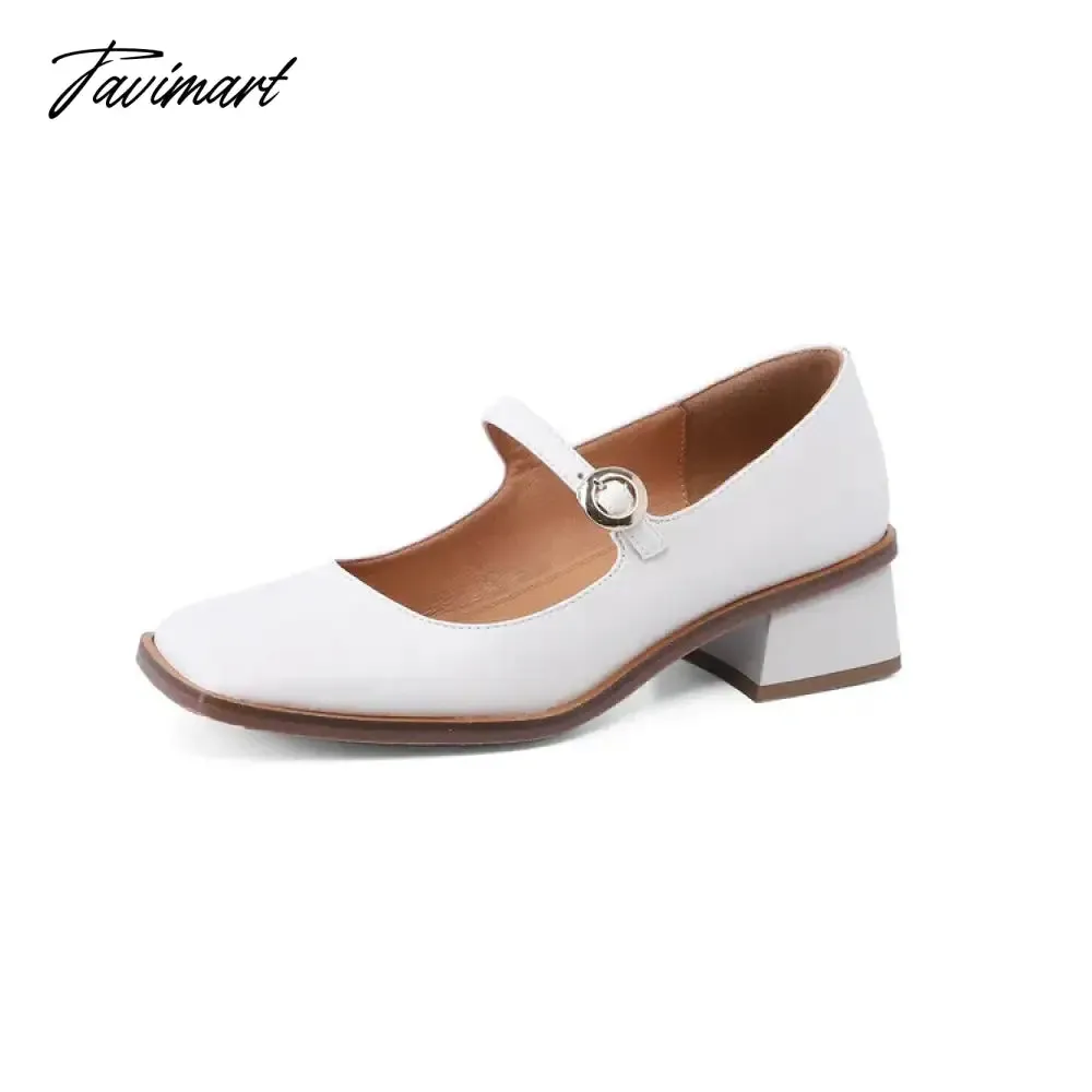 TAVIMART NEW Spring Women Shoes Square Toe Chunky Heel Women Pumps Solid Split Leather High Heels Retro Women Mary Janes zapatos de mujer