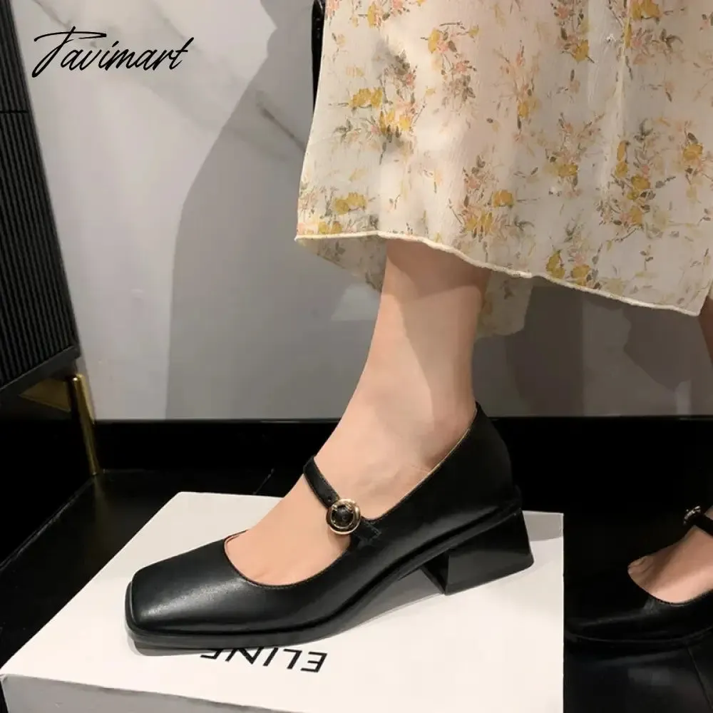 TAVIMART NEW Spring Women Shoes Square Toe Chunky Heel Women Pumps Solid Split Leather High Heels Retro Women Mary Janes zapatos de mujer