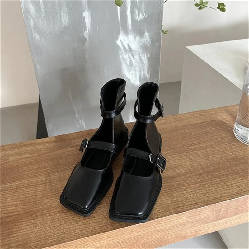 TAVIMART -  Solid Color Flat Low Heel Women's Short Boots Buckle Strap Square Toe Women Shoes Hand-made 2024 Fashion Casual Zapatos De Mujer