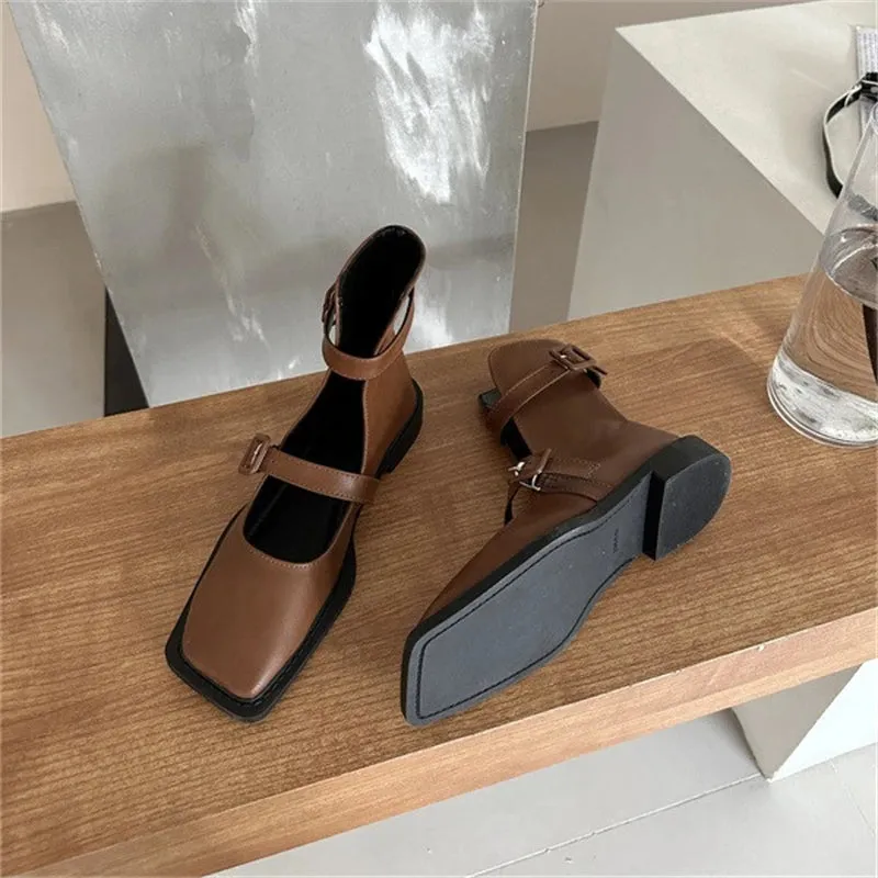 TAVIMART -  Solid Color Flat Low Heel Women's Short Boots Buckle Strap Square Toe Women Shoes Hand-made 2024 Fashion Casual Zapatos De Mujer